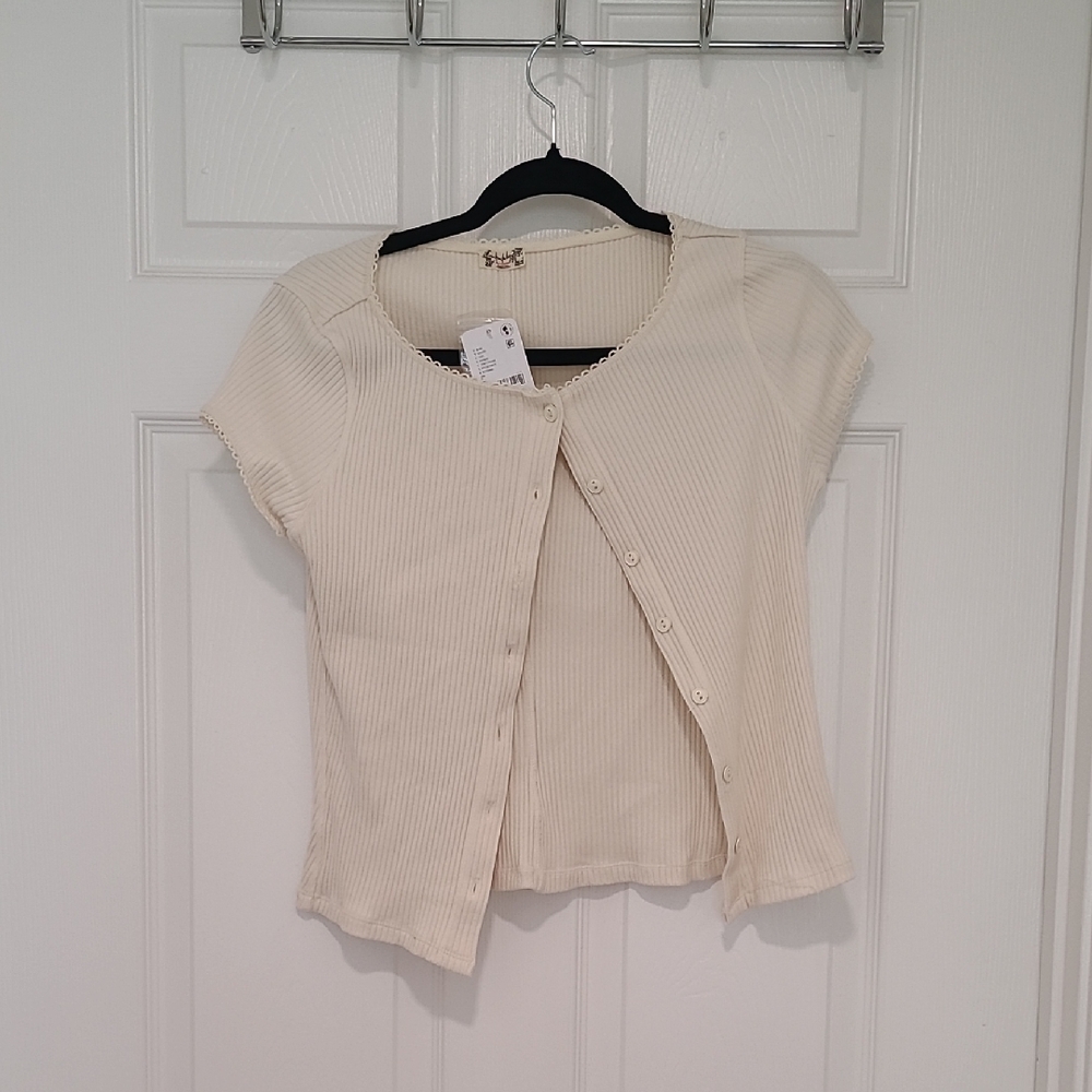 NWT Free People Cream Ribbed Short-Sleeve Button-Front Crop Top